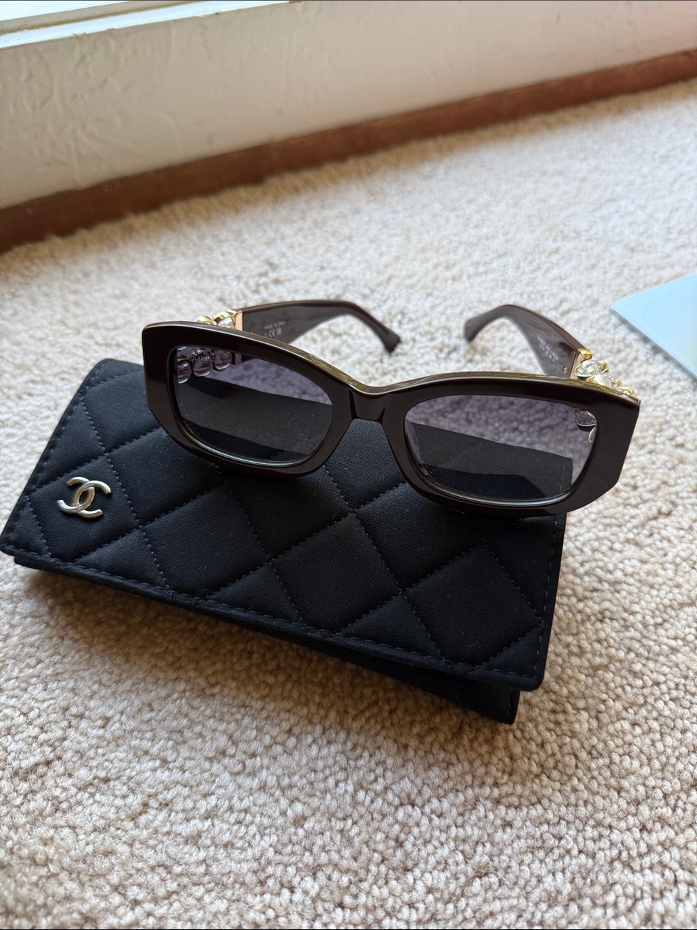 Chanel Reddish Brown Square Sunglasses with Crystal Bead CC Detail